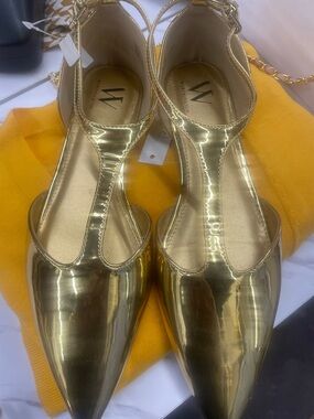 W by Worth Metallic Gold Pointed T-Strap Flats